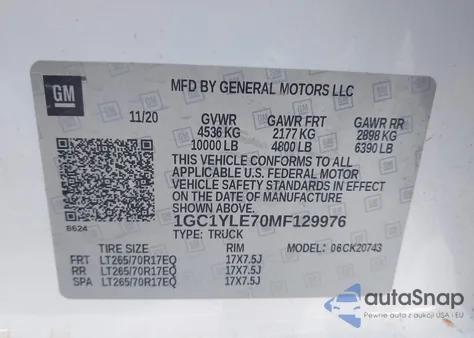 2021 Chevrolet Silverado 2500Hd 4Wd Standard Bed Wt из США, поврежденный, VIN 1GC1YLE70MF129976